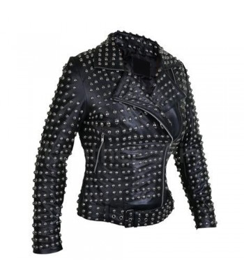 Women Black Brando Belted Round Cap Studded Leather Jacket (2025)